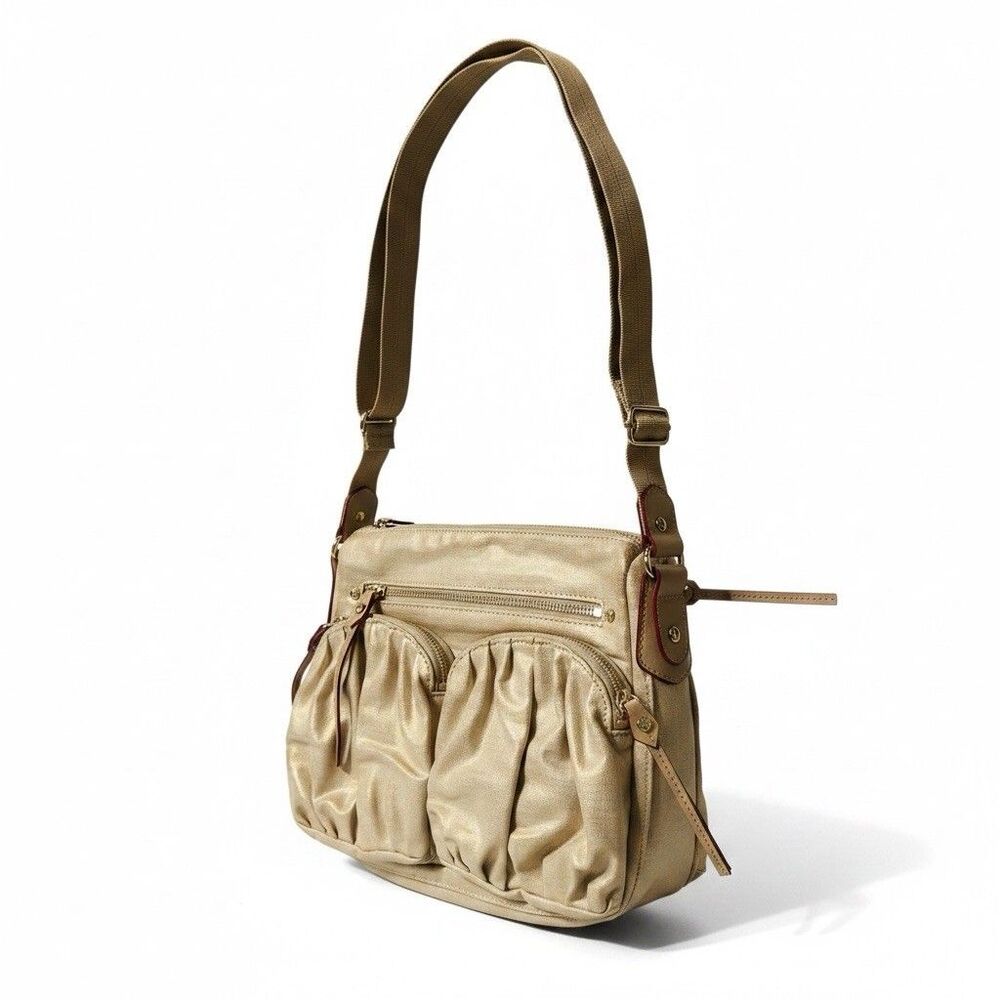 MZ Wallace Paige Crossbody Shoulder Handbag Gold Nylon Shoulder Bag Medium